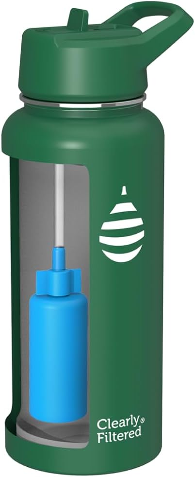Clearly Filtered Water Bottle | Removes 220+ Contaminants, Double-Wall Insulated Stainless Steel, BPA/BPS Free, Phthalate Free, Filters Flouride Lead Chlorine (32oz, Evergreen)