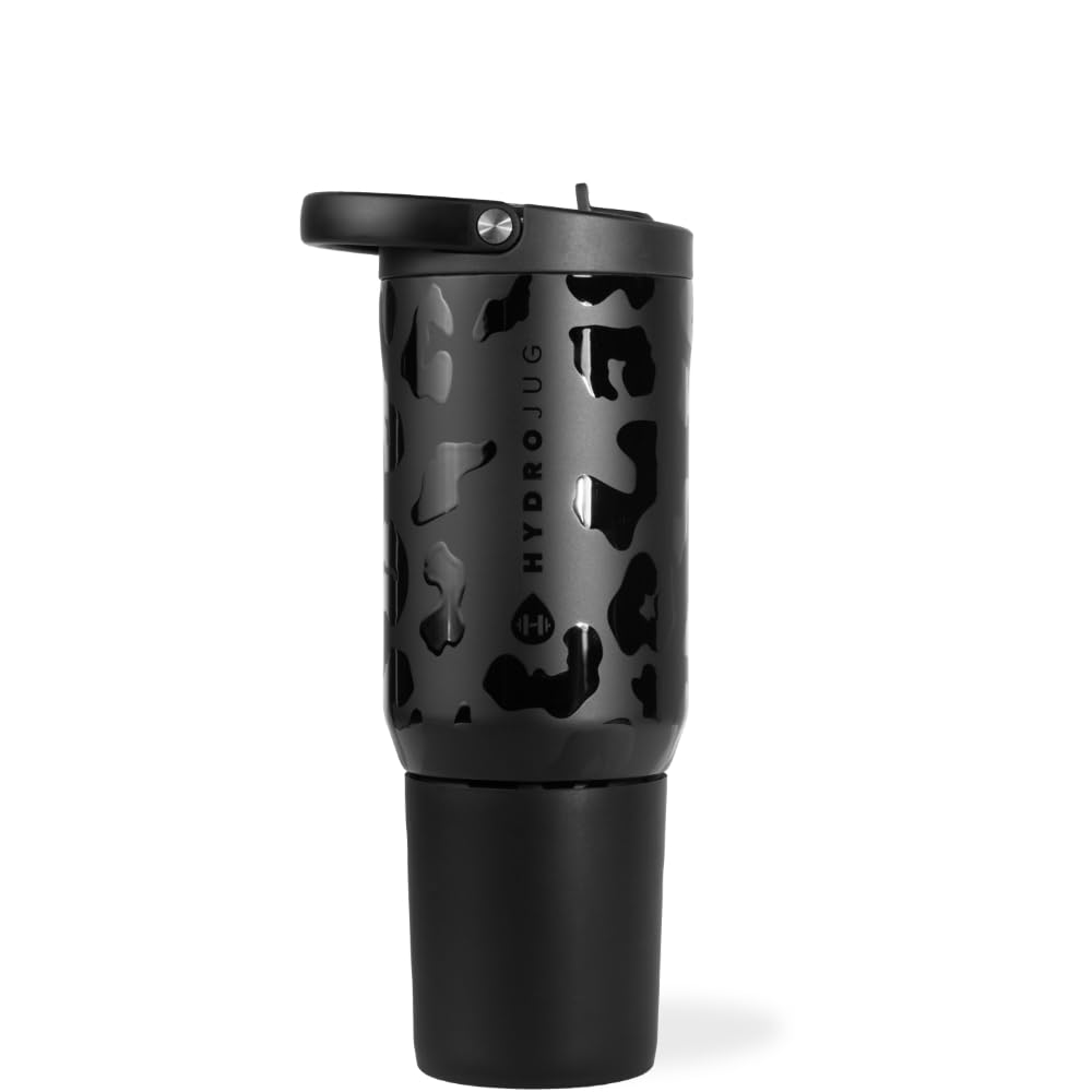 HydroJug Sport - Stainless Steel Tumbler with Straw, Vacuum Insulated, 40oz Leakproof Water Bottle, Ergonomic Design, Reusable, Dishwasher Safe, Rubber Base, Durable for Gym or Outdoors, Black Leopard