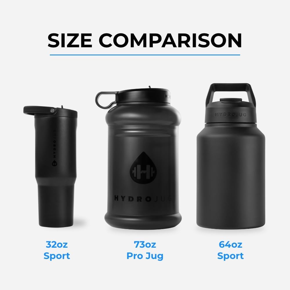 HydroJug Sport - Stainless Steel Tumbler with Straw, Vacuum Insulated, 64oz Leakproof Water Bottle, Ergonomic Design, Reusable, Dishwasher Safe, Rubber Base, Durable for Gym or Outdoors, Black