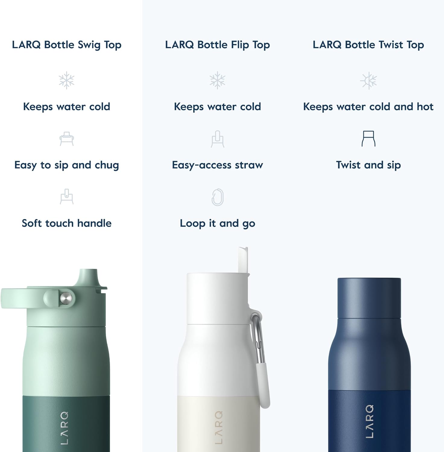 LARQ Twice as Nice Set Bottle Swig Top 23oz - Insulated Stainless Steel Water Bottle With Built-In Silicone Handle, Eucalyptus Green & Luberon Lavender