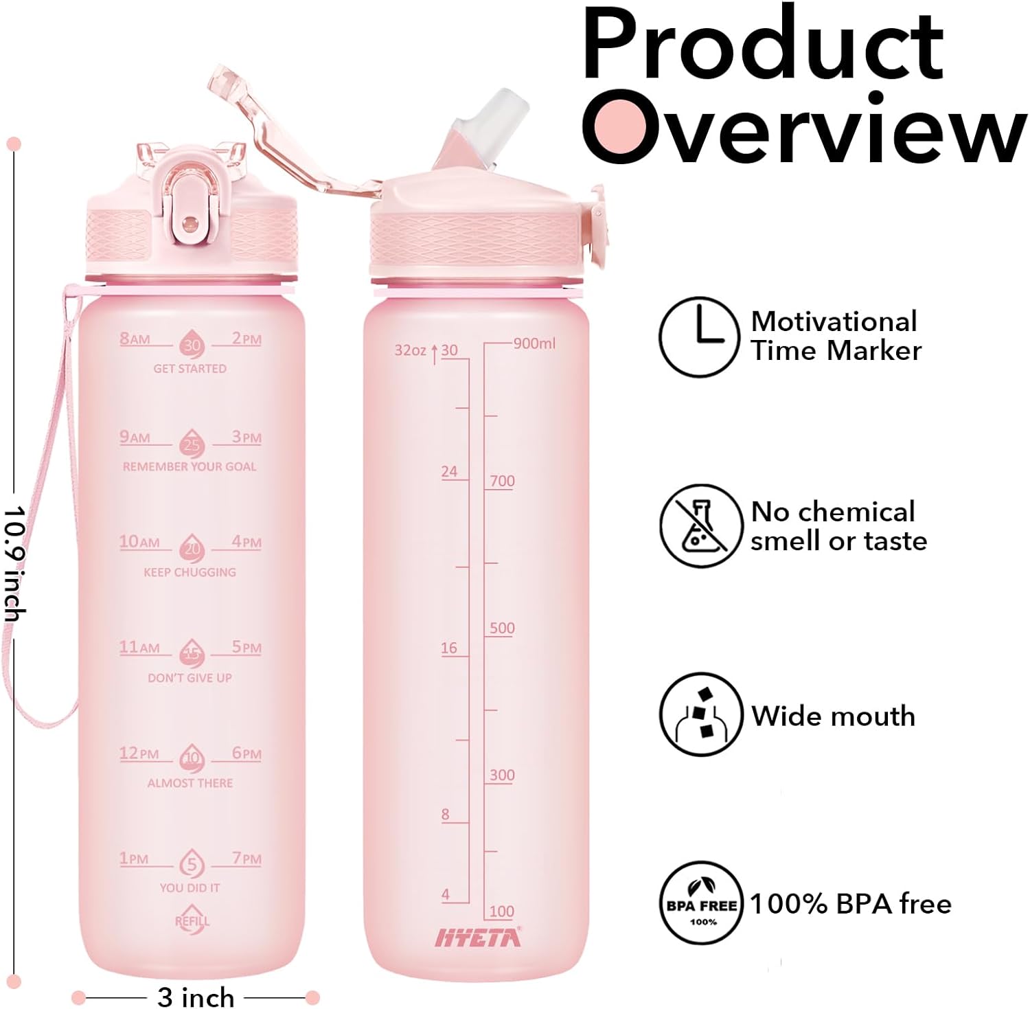 Hyeta 32oz Water Bottles with Straw - Stay Motivated and Hydrated with Convenient Times to Drink Markings, Durable, Leak-proof