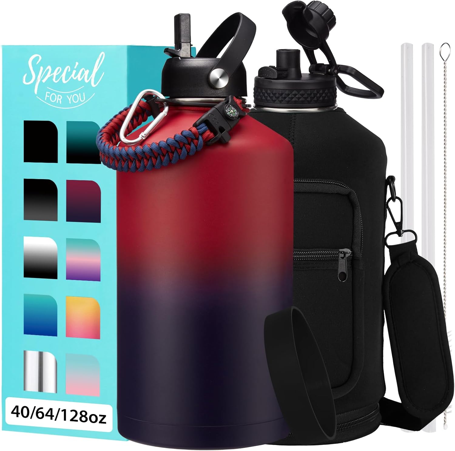 1 Gallon Water Bottle with Straw - 128oz Stainless Steel Water Jug with Sleeve Carrier Bag, Auto Spout Lid, Paracord Handle, Large Insulated Water Bottles Gallon Water Jug, Metal Hydro Thermo Flask
