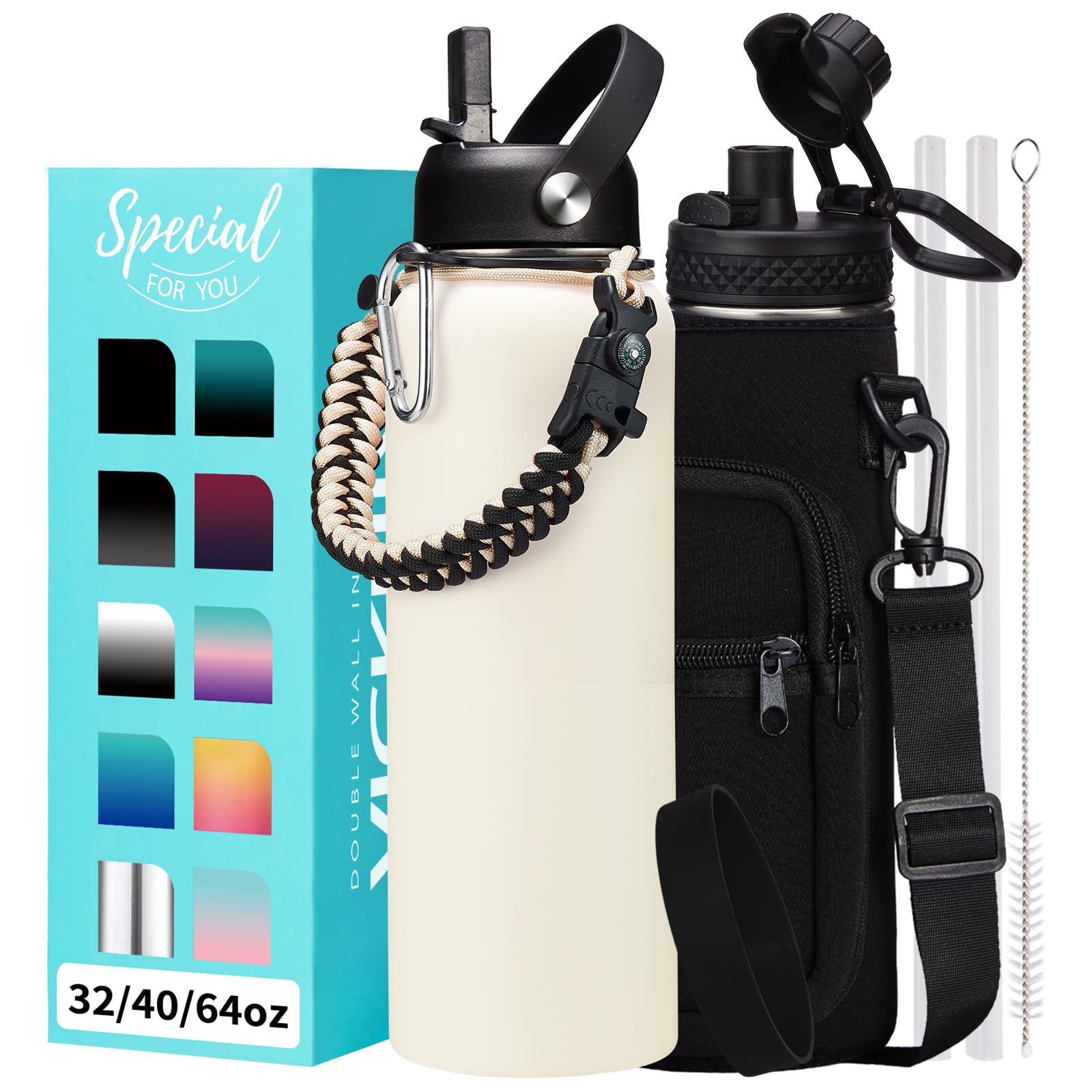 1 Gallon Water Bottle with Straw - 128oz Stainless Steel Water Jug with Sleeve Carrier Bag, Auto Spout Lid, Paracord Handle, Large Insulated Water Bottles Gallon Water Jug, Metal Hydro Thermo Flask