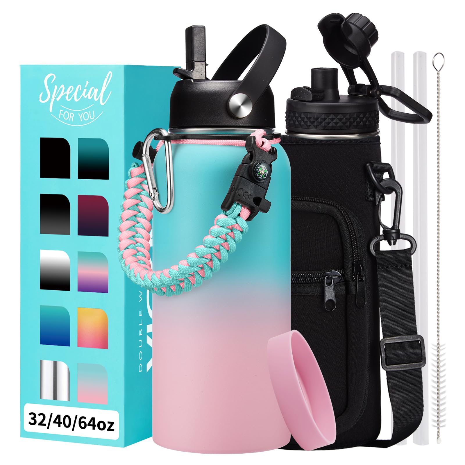 1 Gallon Water Bottle with Straw - 128oz Stainless Steel Water Jug with Sleeve Carrier Bag, Auto Spout Lid, Paracord Handle, Large Insulated Water Bottles Gallon Water Jug, Metal Hydro Thermo Flask