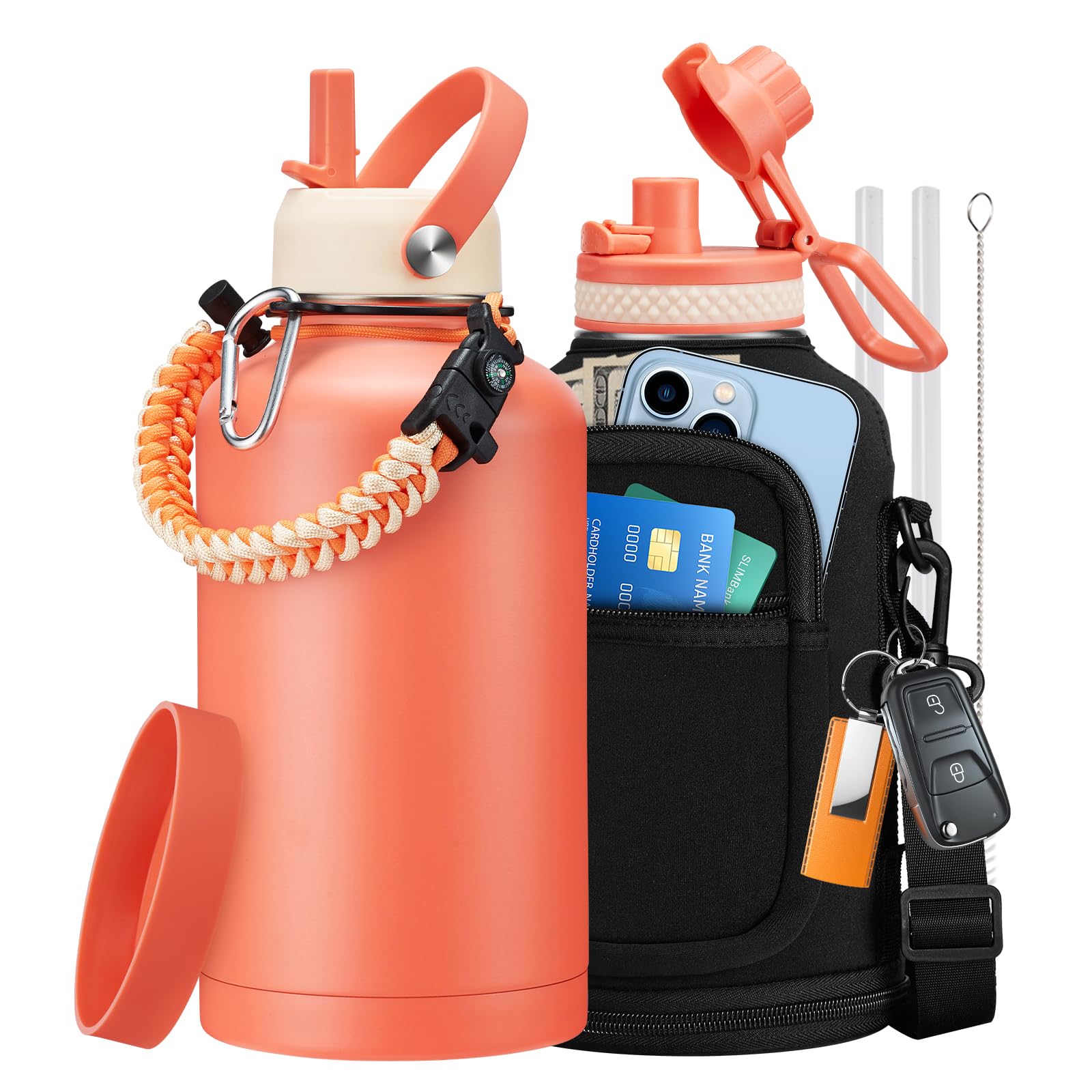 1 Gallon Water Bottle with Straw - 128oz Stainless Steel Water Jug with Sleeve Carrier Bag, Auto Spout Lid, Paracord Handle, Large Insulated Water Bottles Gallon Water Jug, Metal Hydro Thermo Flask