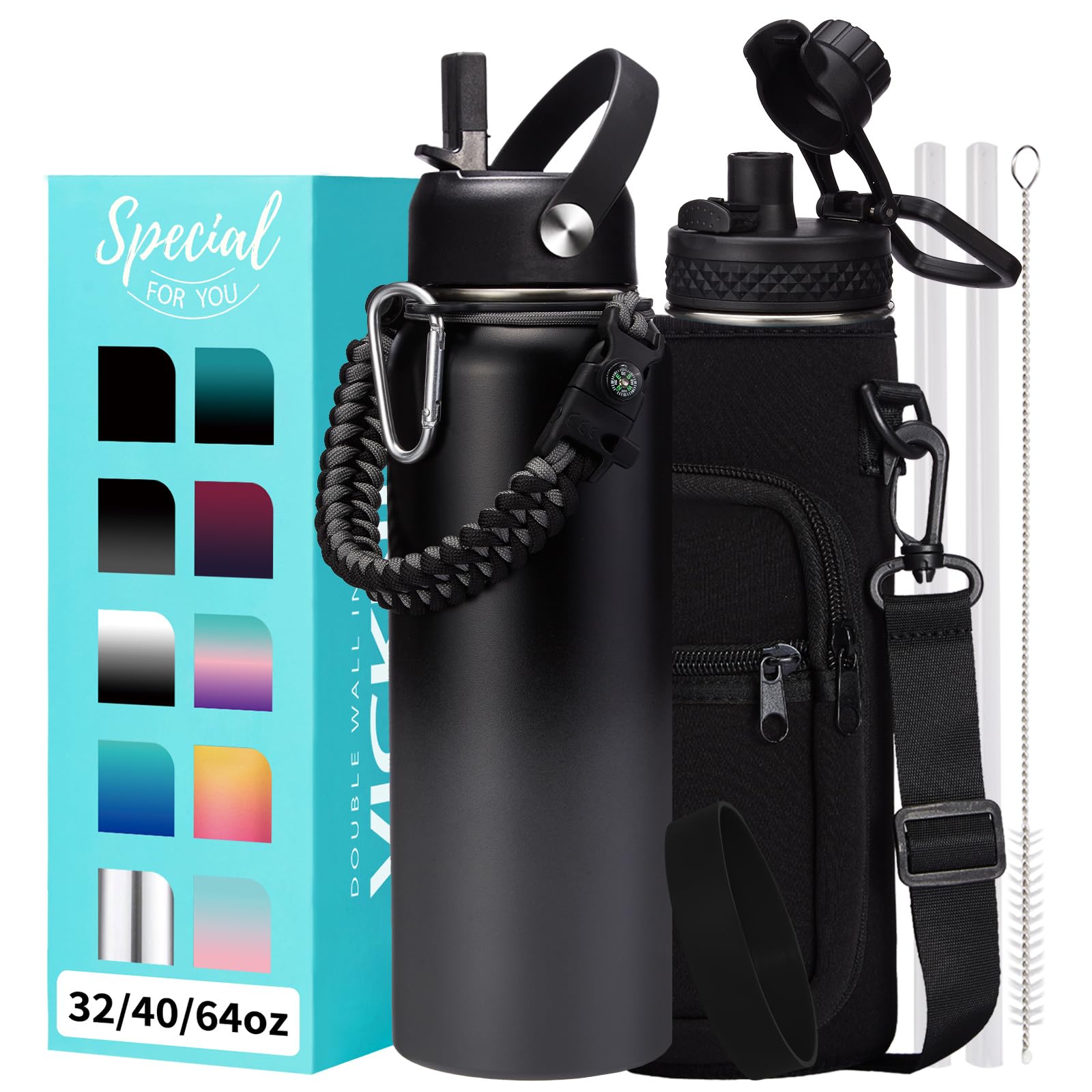 1 Gallon Water Bottle with Straw - 128oz Stainless Steel Water Jug with Sleeve Carrier Bag, Auto Spout Lid, Paracord Handle, Large Insulated Water Bottles Gallon Water Jug, Metal Hydro Thermo Flask