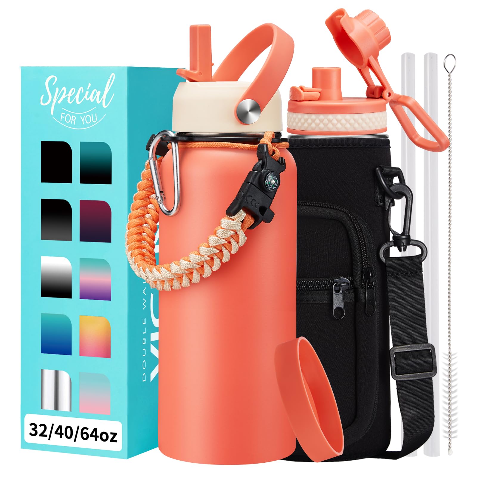 1 Gallon Water Bottle with Straw - 128oz Stainless Steel Water Jug with Sleeve Carrier Bag, Auto Spout Lid, Paracord Handle, Large Insulated Water Bottles Gallon Water Jug, Metal Hydro Thermo Flask