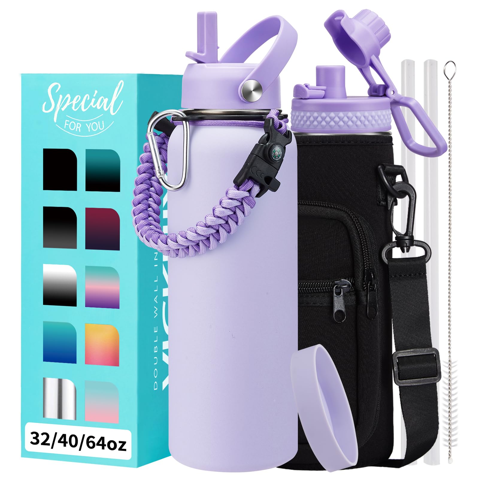 1 Gallon Water Bottle with Straw - 128oz Stainless Steel Water Jug with Sleeve Carrier Bag, Auto Spout Lid, Paracord Handle, Large Insulated Water Bottles Gallon Water Jug, Metal Hydro Thermo Flask