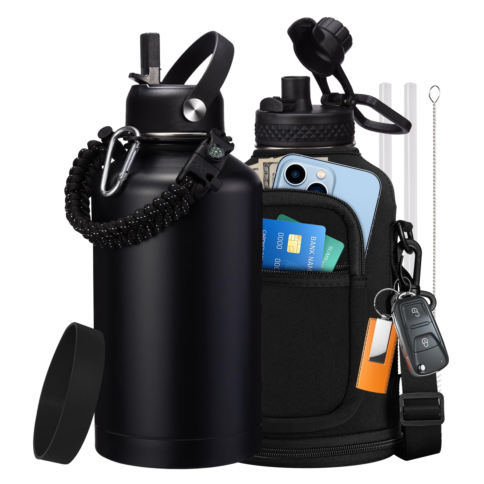 1 Gallon Water Bottle with Straw - 128oz Stainless Steel Water Jug with Sleeve Carrier Bag, Auto Spout Lid, Paracord Handle, Large Insulated Water Bottles Gallon Water Jug, Metal Hydro Thermo Flask