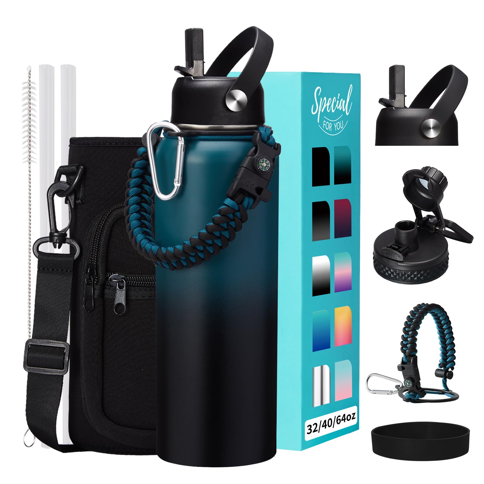 1 Gallon Water Bottle with Straw - 128oz Stainless Steel Water Jug with Sleeve Carrier Bag, Auto Spout Lid, Paracord Handle, Large Insulated Water Bottles Gallon Water Jug, Metal Hydro Thermo Flask