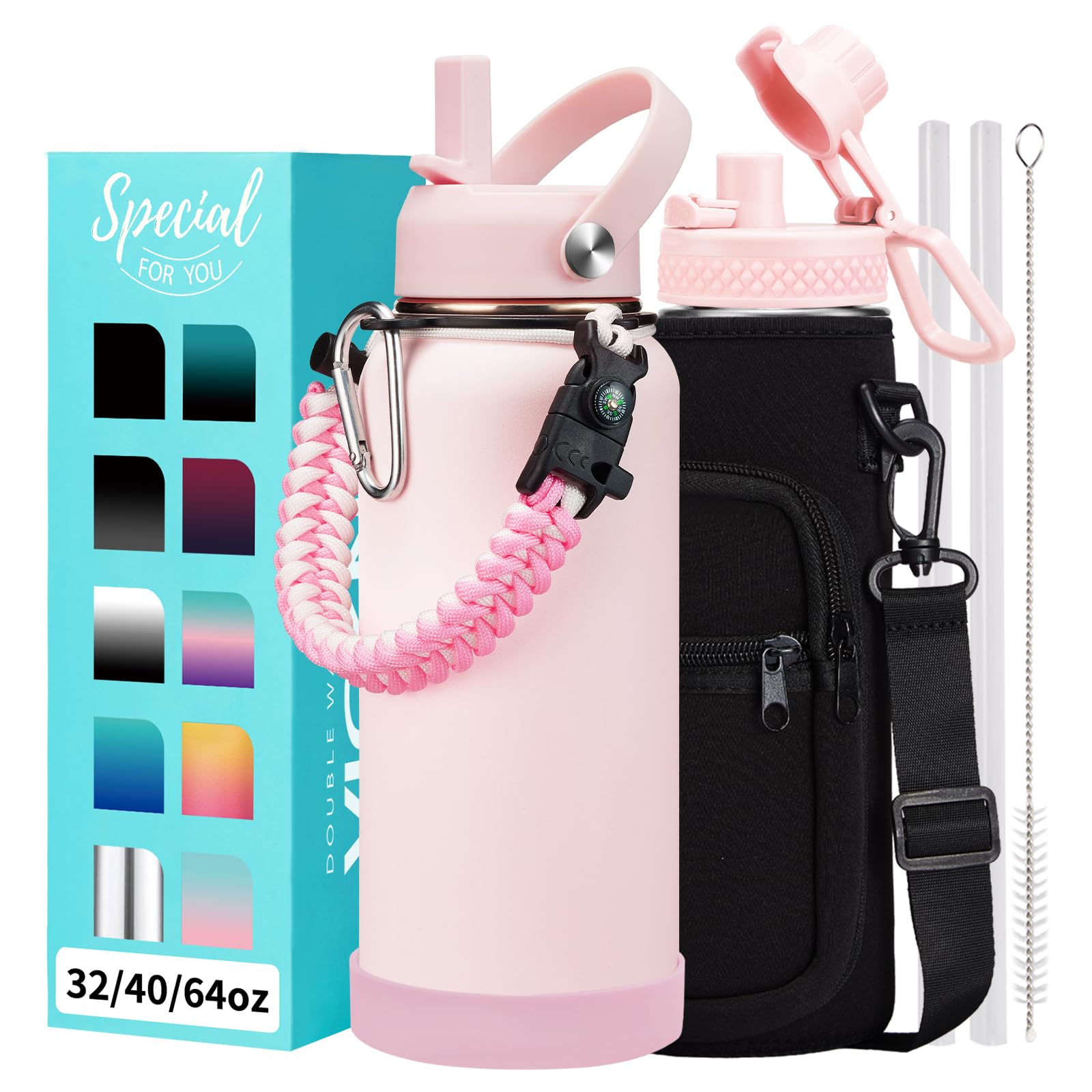 1 Gallon Water Bottle with Straw - 128oz Stainless Steel Water Jug with Sleeve Carrier Bag, Auto Spout Lid, Paracord Handle, Large Insulated Water Bottles Gallon Water Jug, Metal Hydro Thermo Flask
