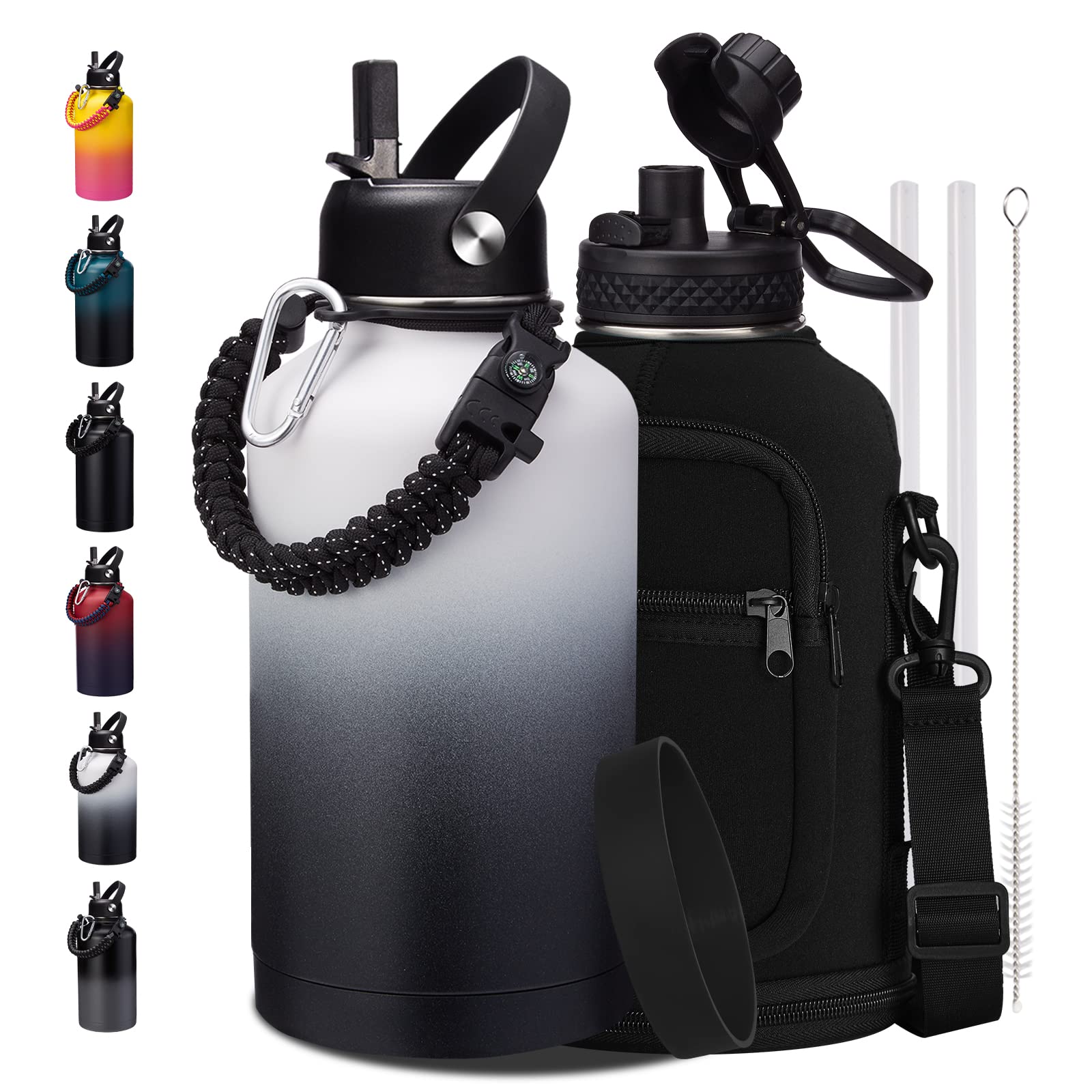 1 Gallon Water Bottle with Straw - 128oz Stainless Steel Water Jug with Sleeve Carrier Bag, Auto Spout Lid, Paracord Handle, Large Insulated Water Bottles Gallon Water Jug, Metal Hydro Thermo Flask