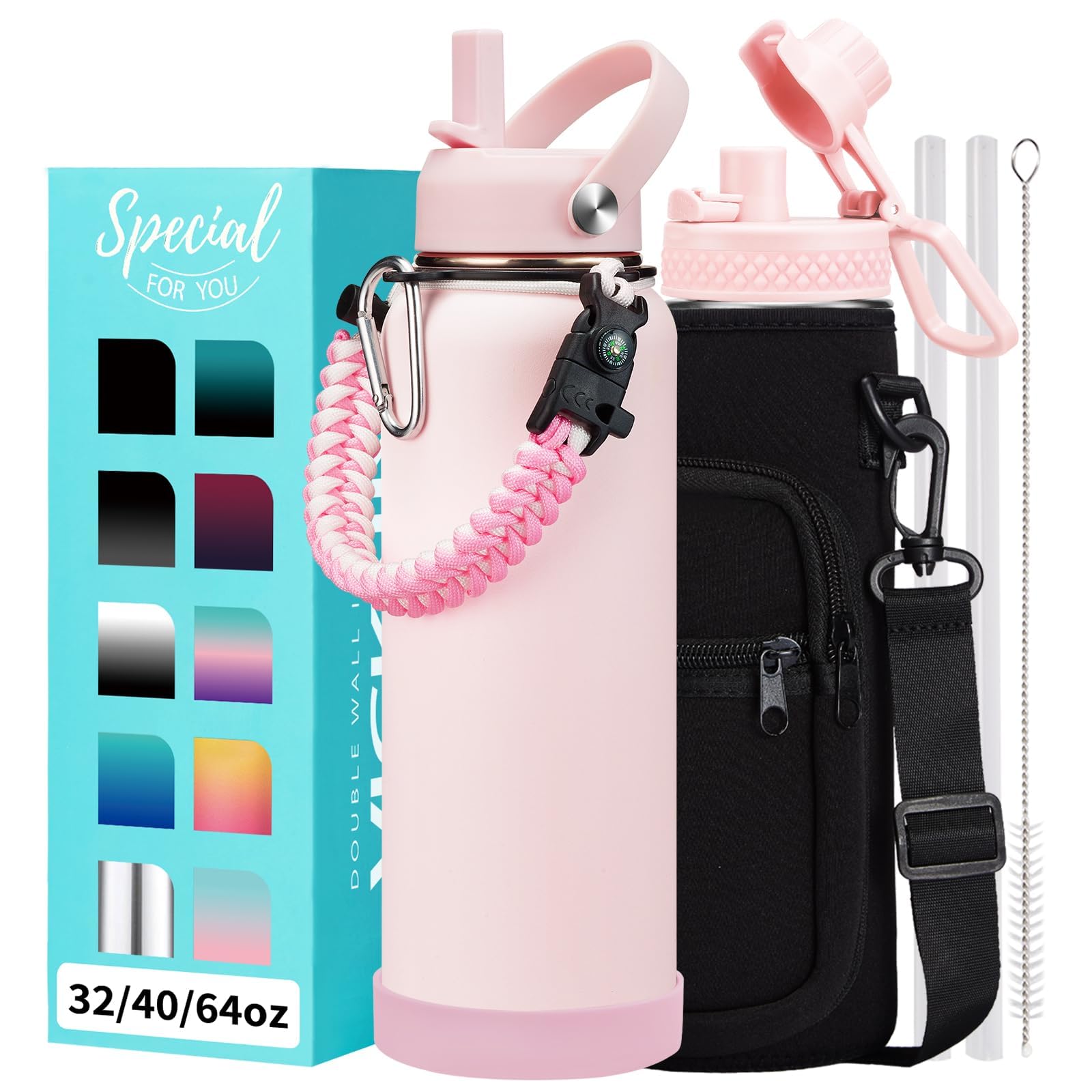 1 Gallon Water Bottle with Straw - 128oz Stainless Steel Water Jug with Sleeve Carrier Bag, Auto Spout Lid, Paracord Handle, Large Insulated Water Bottles Gallon Water Jug, Metal Hydro Thermo Flask