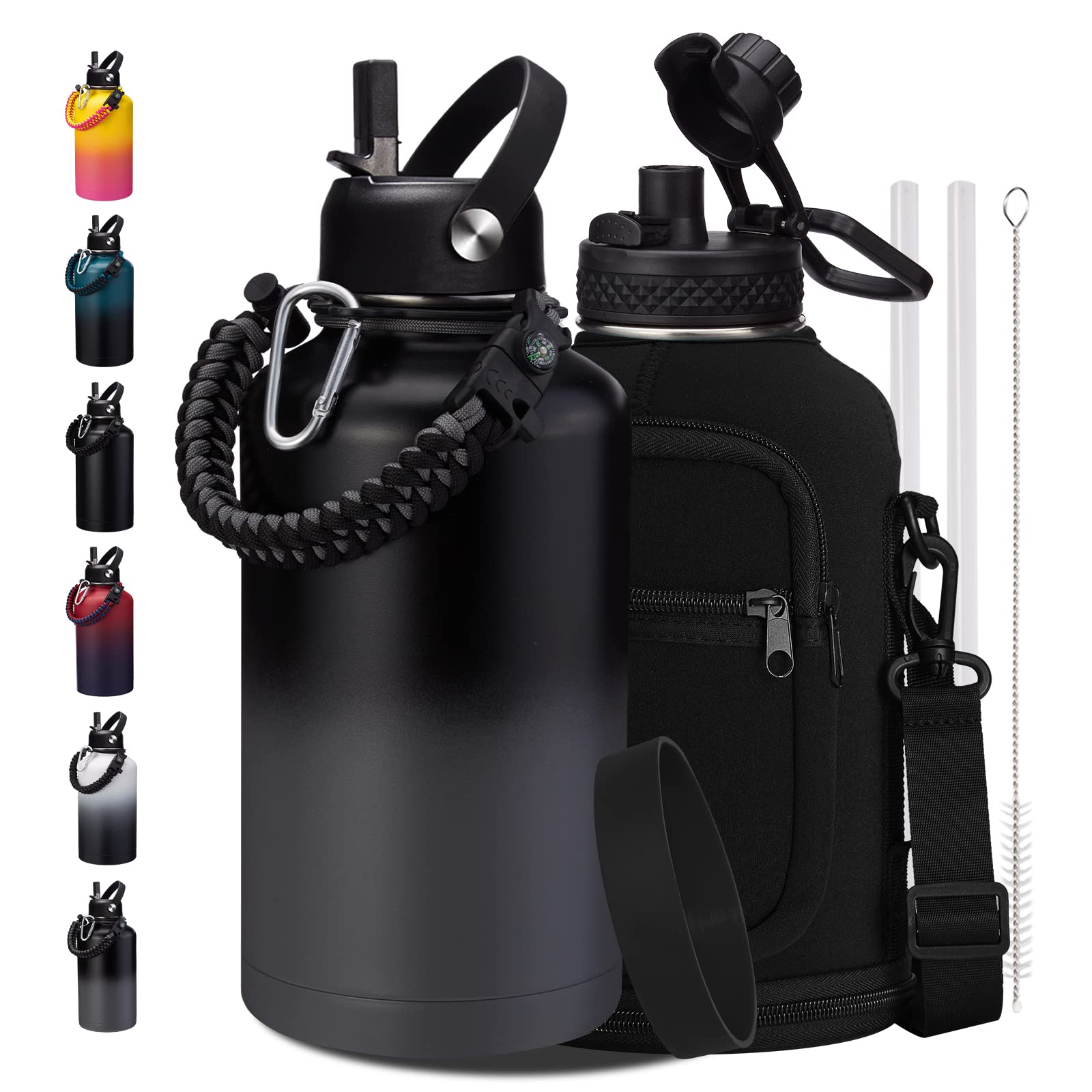 1 Gallon Water Bottle with Straw - 128oz Stainless Steel Water Jug with Sleeve Carrier Bag, Auto Spout Lid, Paracord Handle, Large Insulated Water Bottles Gallon Water Jug, Metal Hydro Thermo Flask