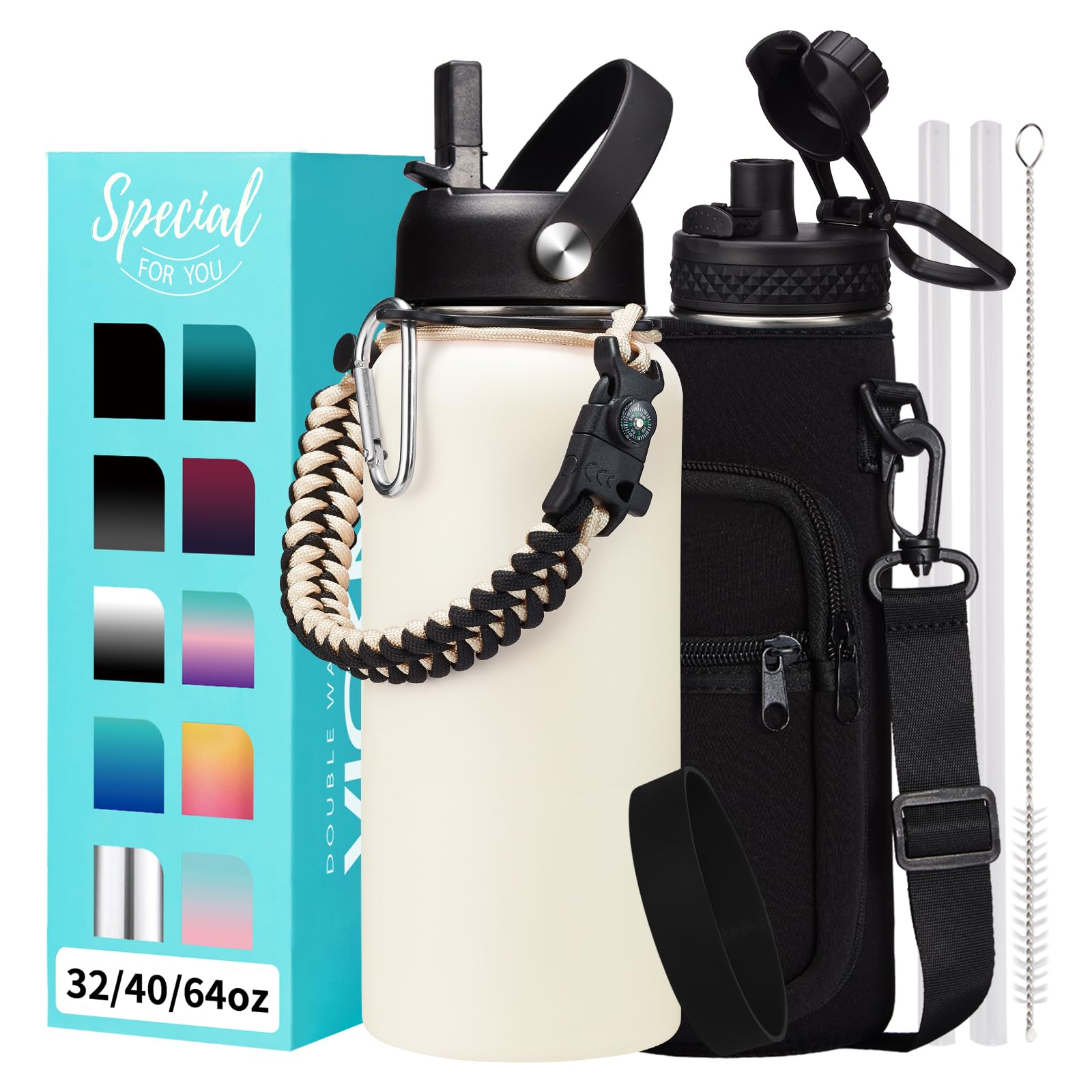 1 Gallon Water Bottle with Straw - 128oz Stainless Steel Water Jug with Sleeve Carrier Bag, Auto Spout Lid, Paracord Handle, Large Insulated Water Bottles Gallon Water Jug, Metal Hydro Thermo Flask