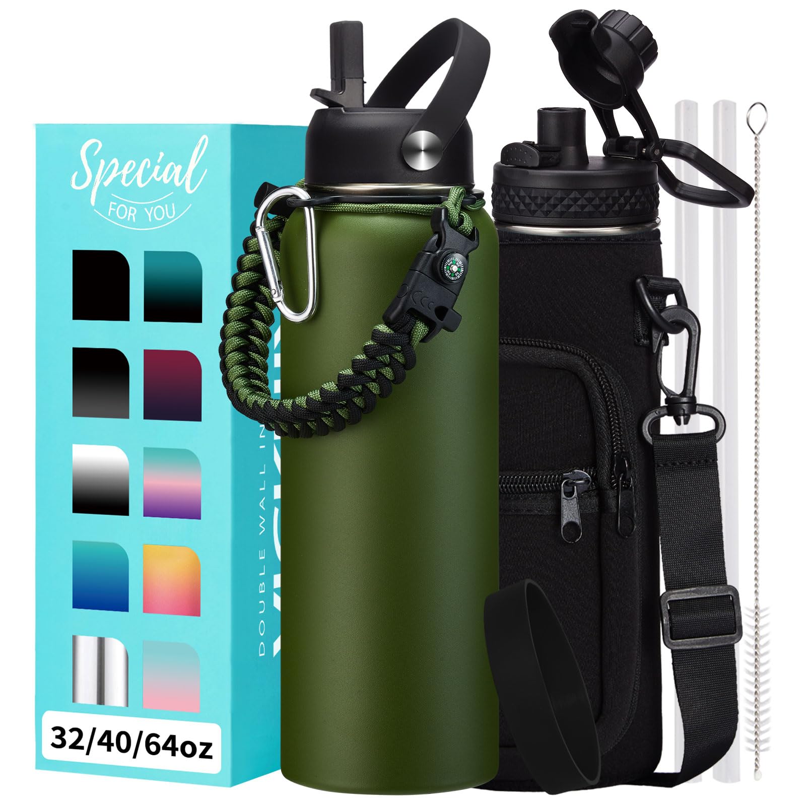 1 Gallon Water Bottle with Straw - 128oz Stainless Steel Water Jug with Sleeve Carrier Bag, Auto Spout Lid, Paracord Handle, Large Insulated Water Bottles Gallon Water Jug, Metal Hydro Thermo Flask