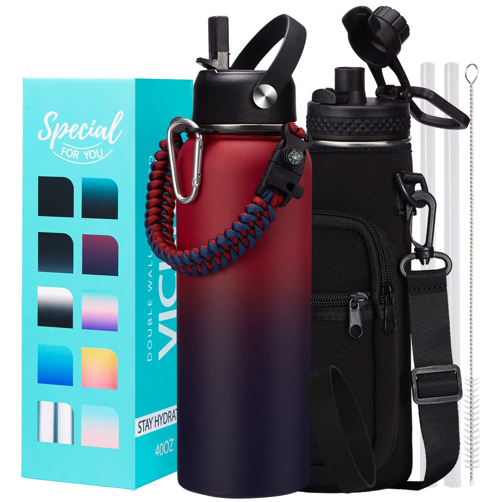 1 Gallon Water Bottle with Straw - 128oz Stainless Steel Water Jug with Sleeve Carrier Bag, Auto Spout Lid, Paracord Handle, Large Insulated Water Bottles Gallon Water Jug, Metal Hydro Thermo Flask