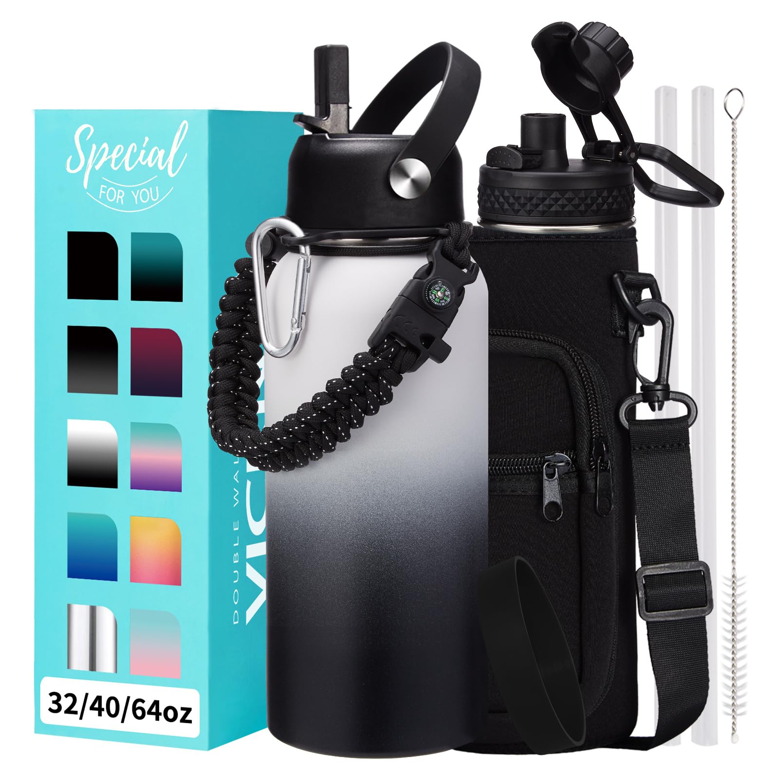 1 Gallon Water Bottle with Straw - 128oz Stainless Steel Water Jug with Sleeve Carrier Bag, Auto Spout Lid, Paracord Handle, Large Insulated Water Bottles Gallon Water Jug, Metal Hydro Thermo Flask