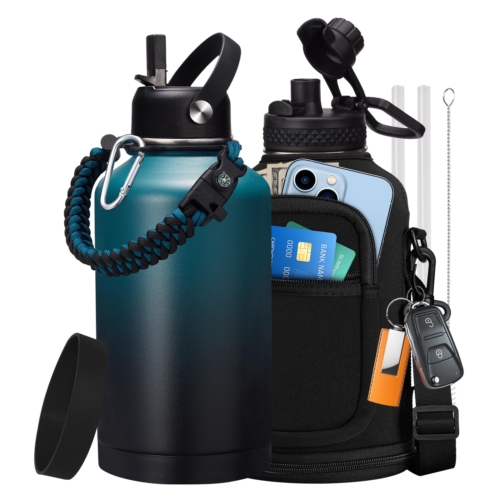 1 Gallon Water Bottle with Straw - 128oz Stainless Steel Water Jug with Sleeve Carrier Bag, Auto Spout Lid, Paracord Handle, Large Insulated Water Bottles Gallon Water Jug, Metal Hydro Thermo Flask