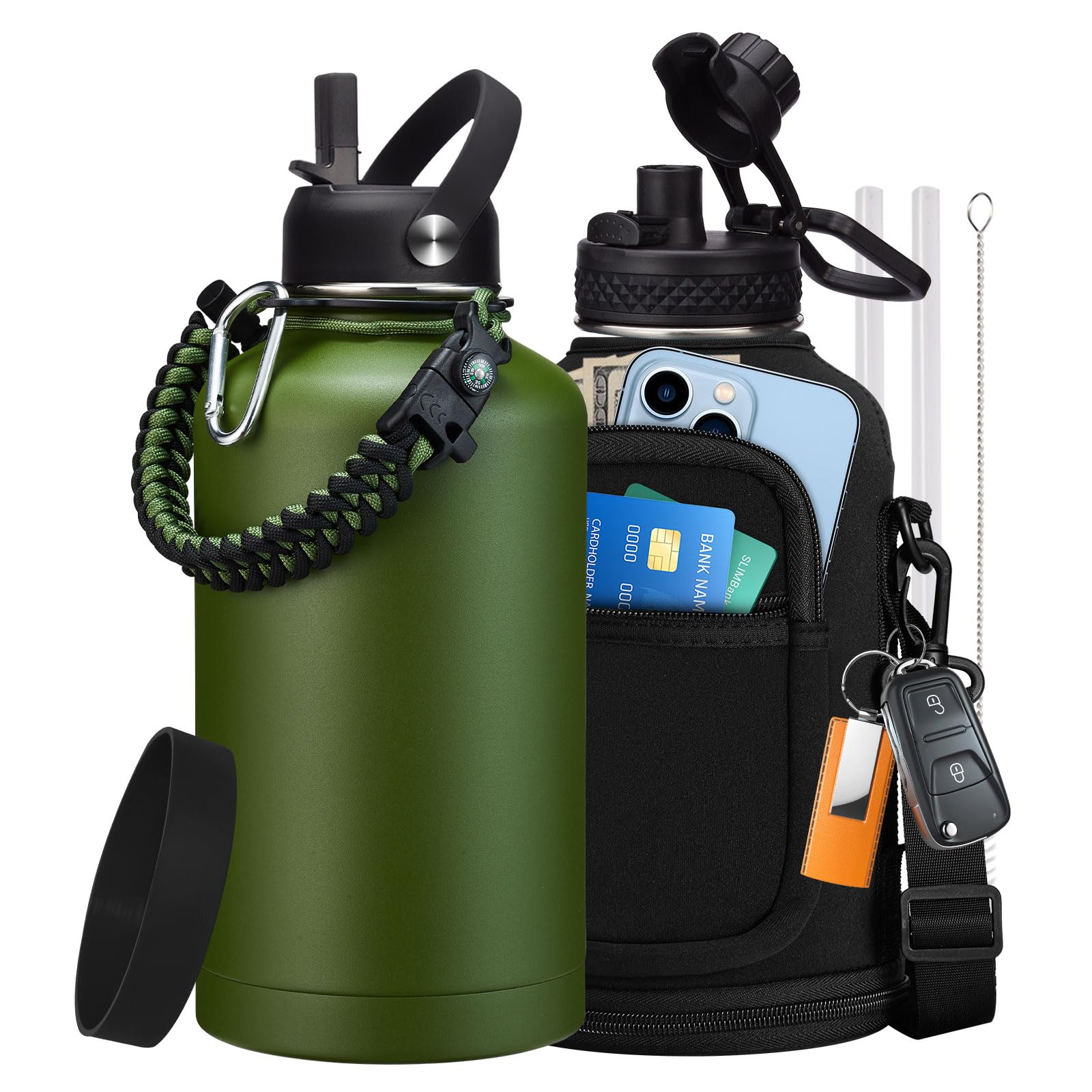 1 Gallon Water Bottle with Straw - 128oz Stainless Steel Water Jug with Sleeve Carrier Bag, Auto Spout Lid, Paracord Handle, Large Insulated Water Bottles Gallon Water Jug, Metal Hydro Thermo Flask
