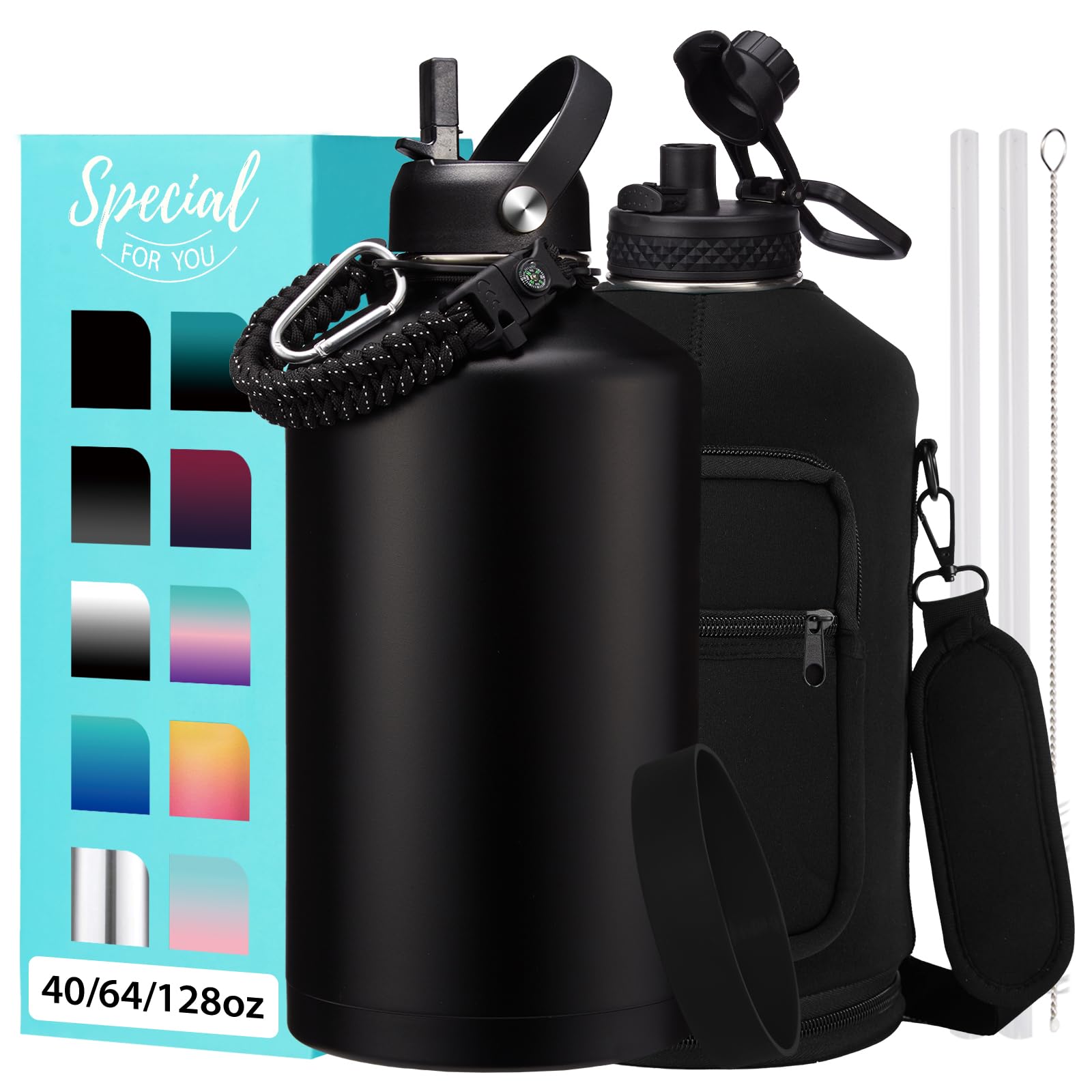 1 Gallon Water Bottle with Straw - 128oz Stainless Steel Water Jug with Sleeve Carrier Bag, Auto Spout Lid, Paracord Handle, Large Insulated Water Bottles Gallon Water Jug, Metal Hydro Thermo Flask