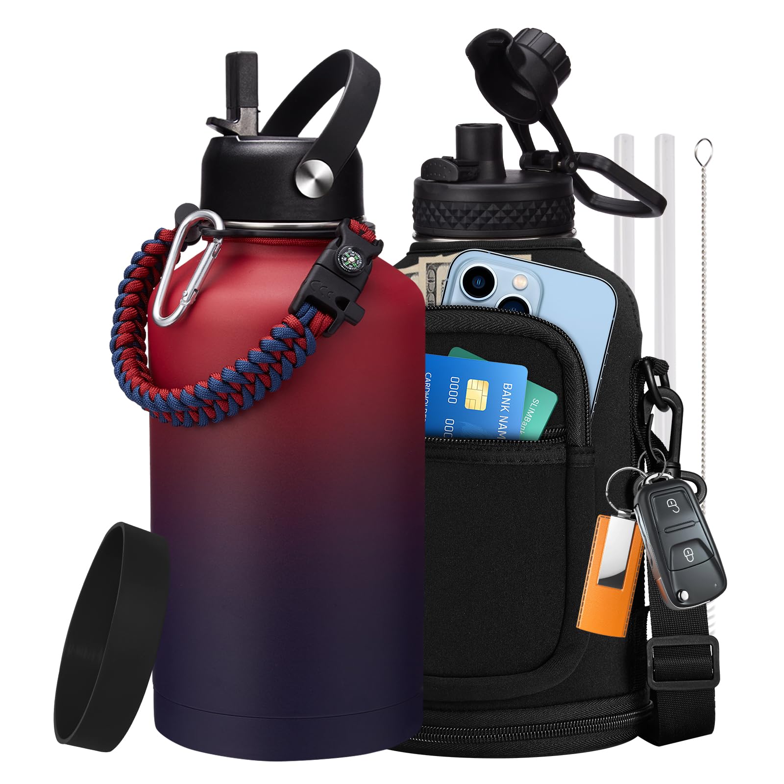 1 Gallon Water Bottle with Straw - 128oz Stainless Steel Water Jug with Sleeve Carrier Bag, Auto Spout Lid, Paracord Handle, Large Insulated Water Bottles Gallon Water Jug, Metal Hydro Thermo Flask