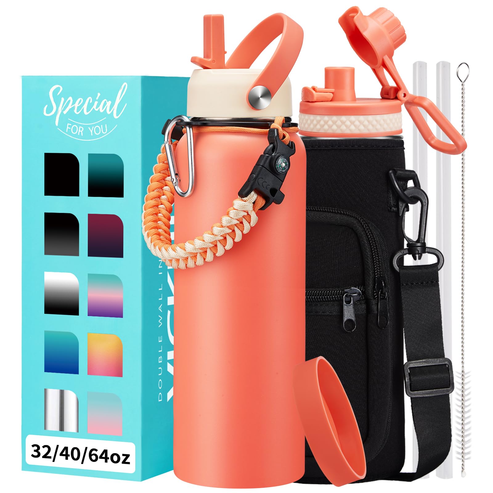 1 Gallon Water Bottle with Straw - 128oz Stainless Steel Water Jug with Sleeve Carrier Bag, Auto Spout Lid, Paracord Handle, Large Insulated Water Bottles Gallon Water Jug, Metal Hydro Thermo Flask