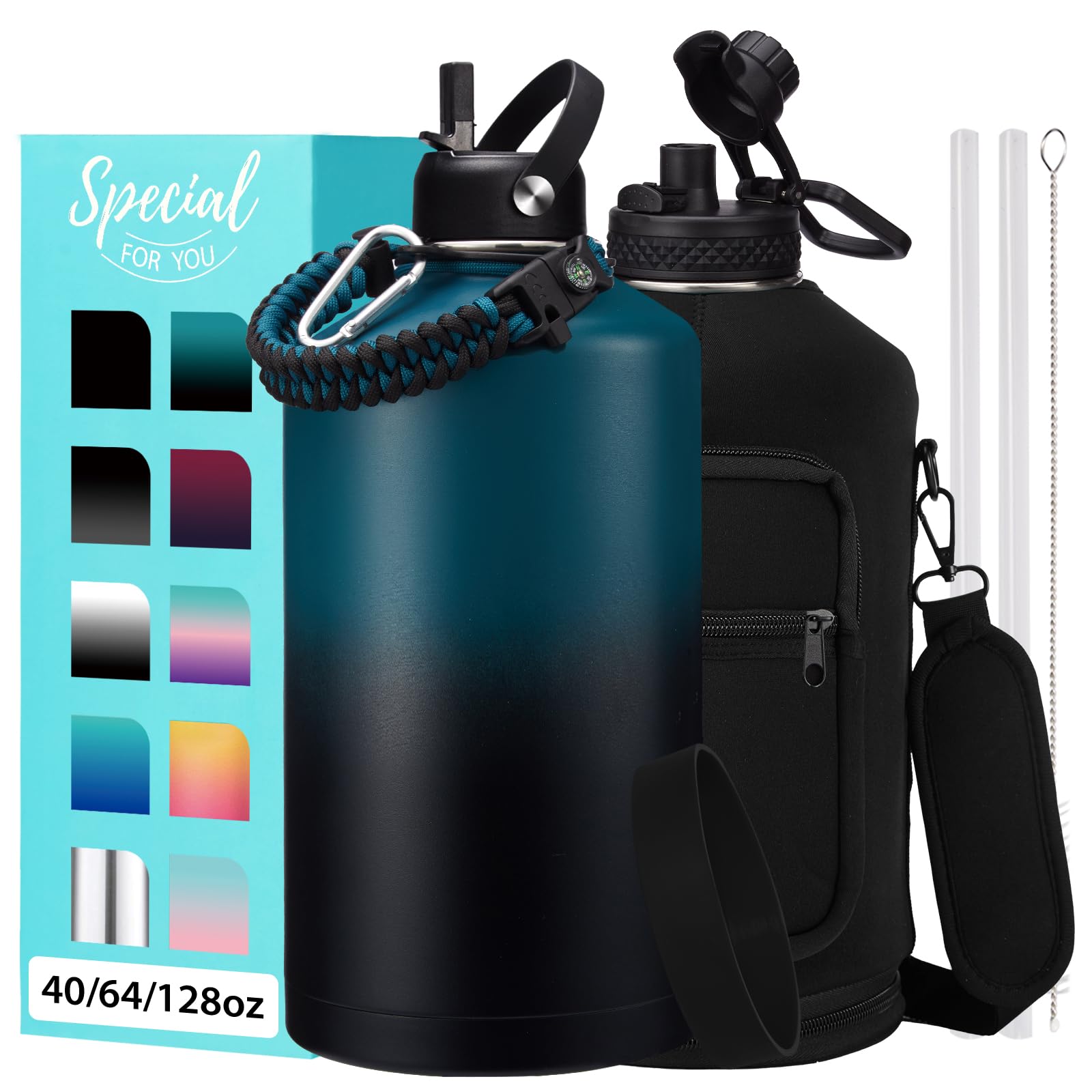 1 Gallon Water Bottle with Straw - 128oz Stainless Steel Water Jug with Sleeve Carrier Bag, Auto Spout Lid, Paracord Handle, Large Insulated Water Bottles Gallon Water Jug, Metal Hydro Thermo Flask