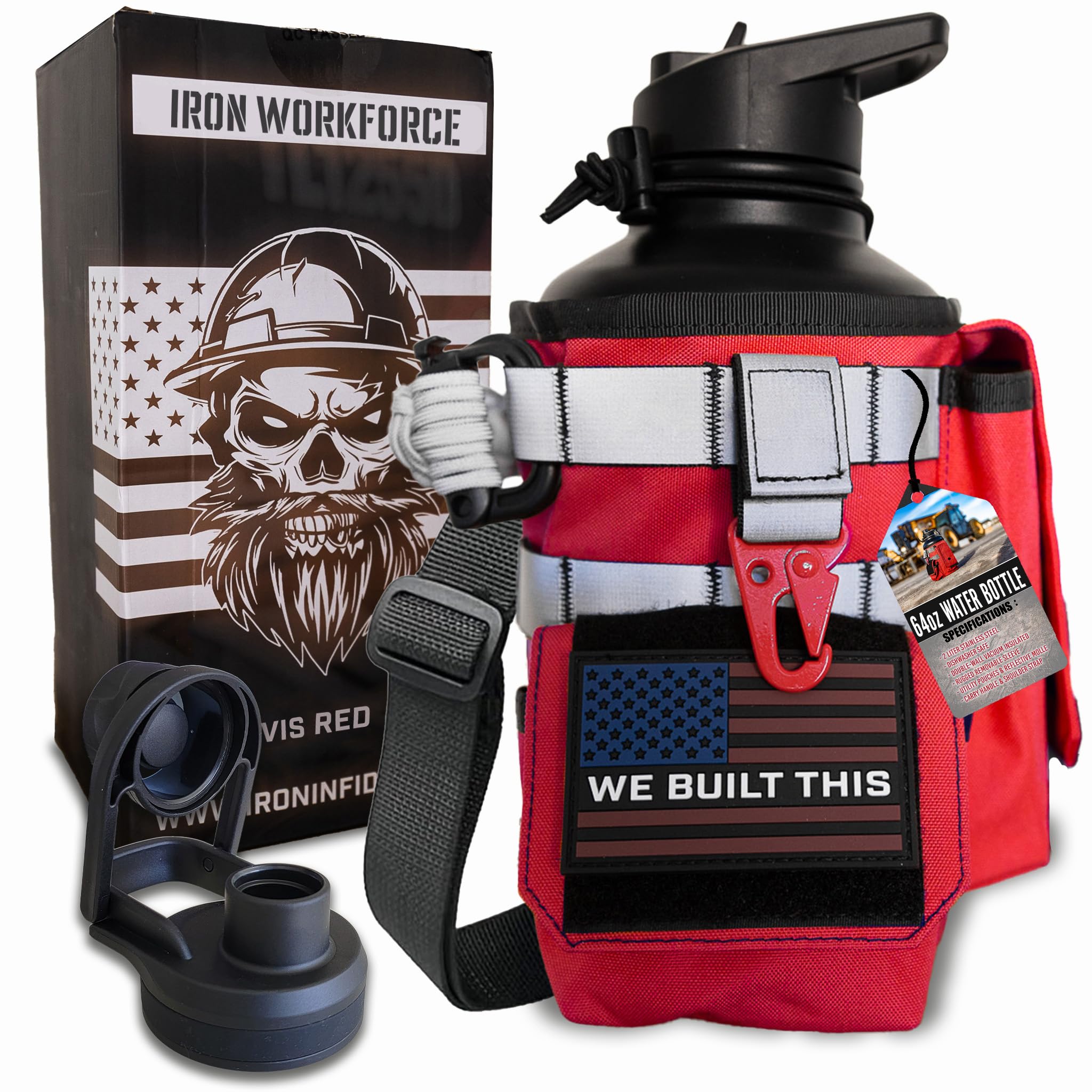 Iron Infidel Workforce Water Bottle - 64 oz Insulated Stainless Steel | Half Gallon Vacuum Water Jug | Paracord Handle, Removable Sleeve | Large Thermal Flask | Hiking, Camping, Workouts (Black)