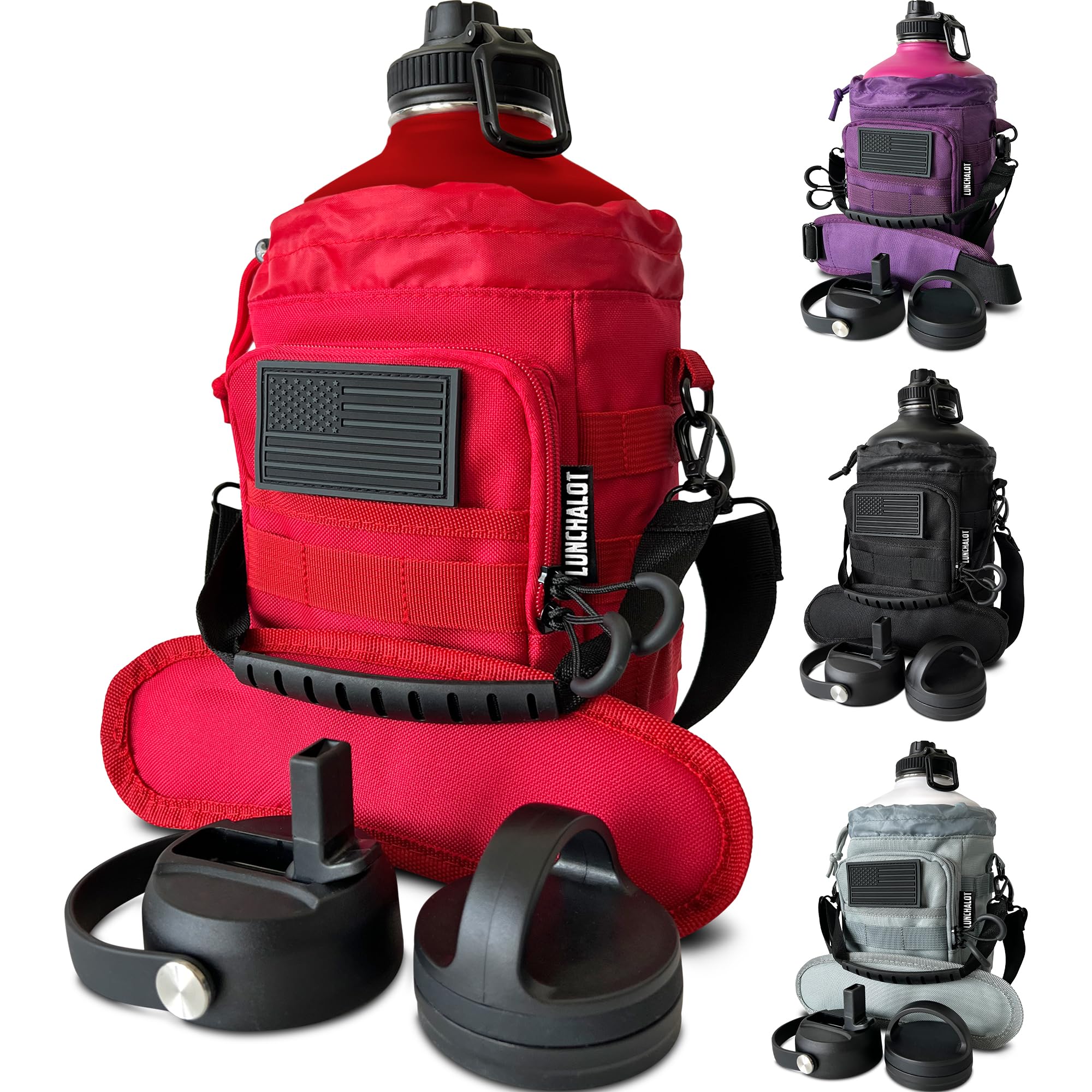 1 Gallon Water Bottle - 128 Oz Insulated Stainless Steel Metal Water Bottle with Holder - Carrying Bag - Spout Handle - Straw Lids - Keep Cold & Hot - Grey Tactical Flask