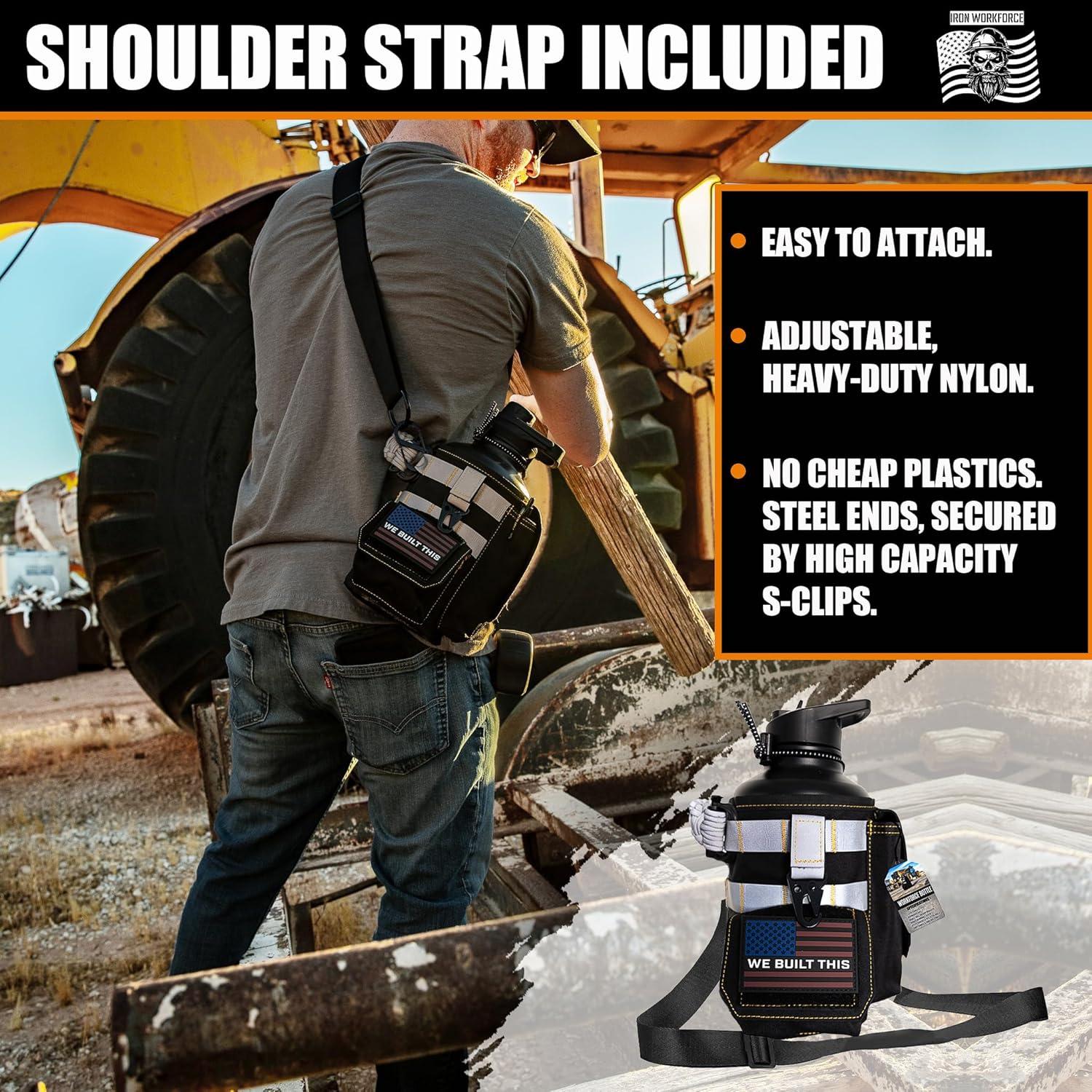 Iron Infidel Workforce Water Bottle - 64 oz Insulated Stainless Steel | Half Gallon Vacuum Water Jug | Paracord Handle, Removable Sleeve | Large Thermal Flask | Hiking, Camping, Workouts (Black)