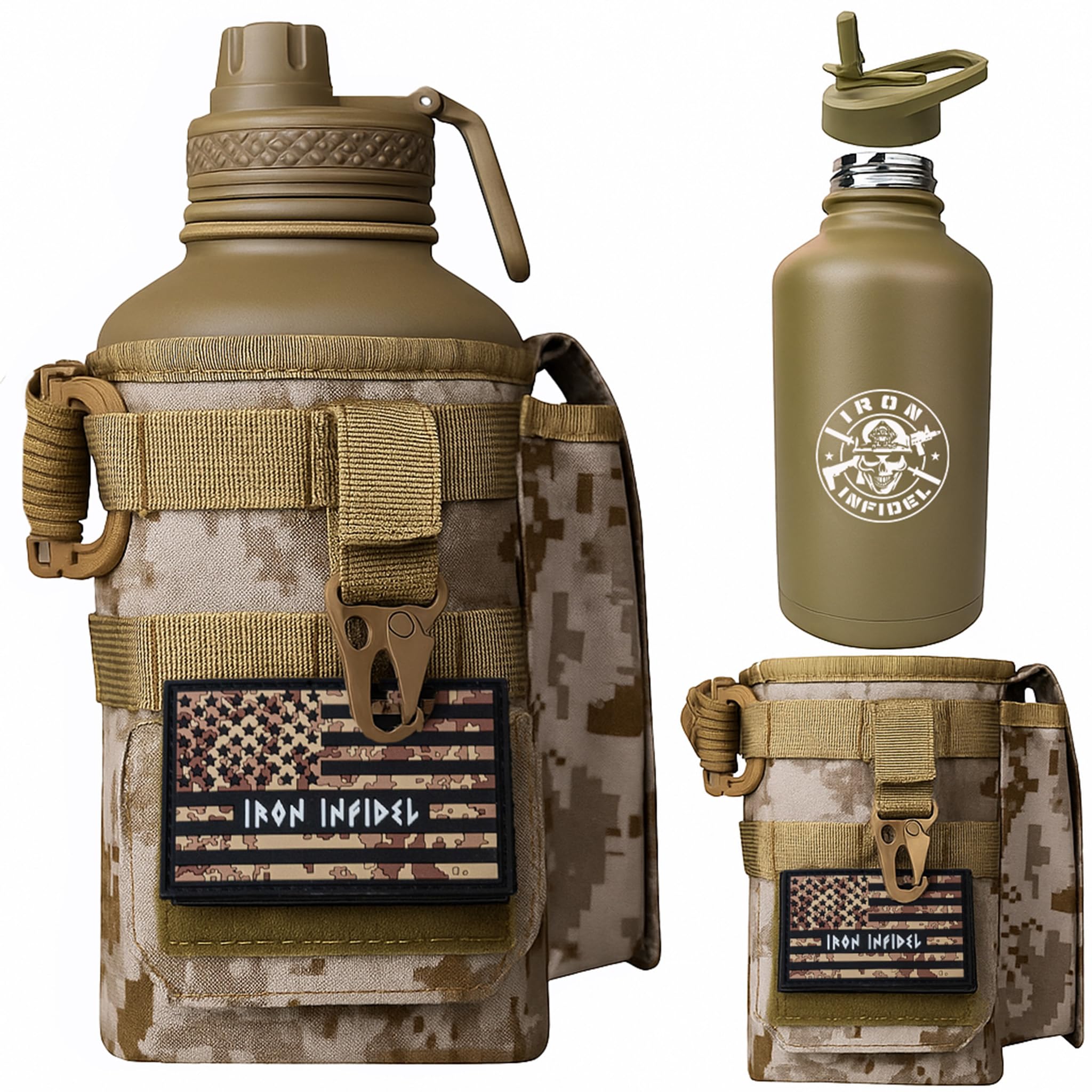 Iron Infidel Battle Bottle - One Gallon Insulated Water Bottle with Dual Carry Handles - 128 oz Tactical Stainless Steel Water Jug & Rugged Extra Large Sleeve With Storage (Betsy 128 Ounces)