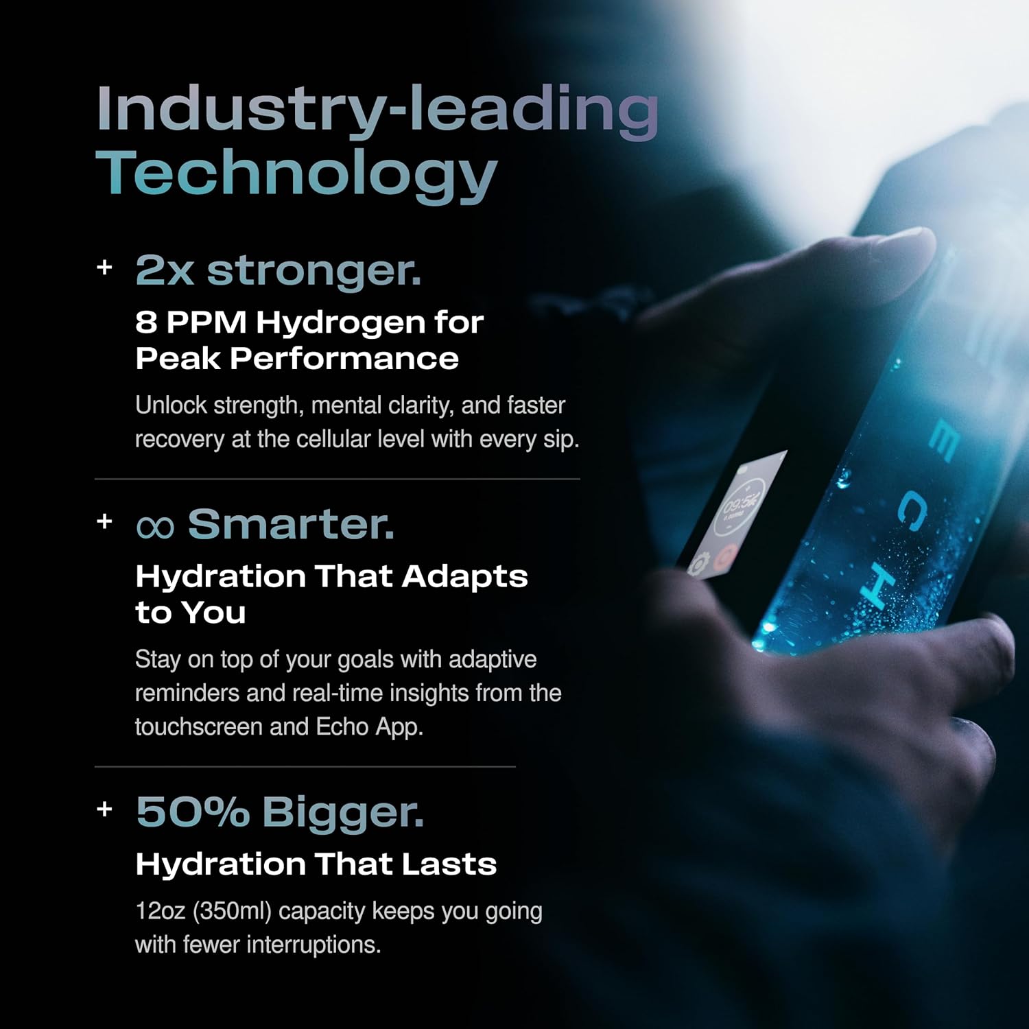 Echo Flask Hydrogen Water Bottle - Active Hydration Solution with Water Intake Tracking & LCD Touch Screen - Compact & Convenient - Transparent Hydrogen Flask - 12 oz